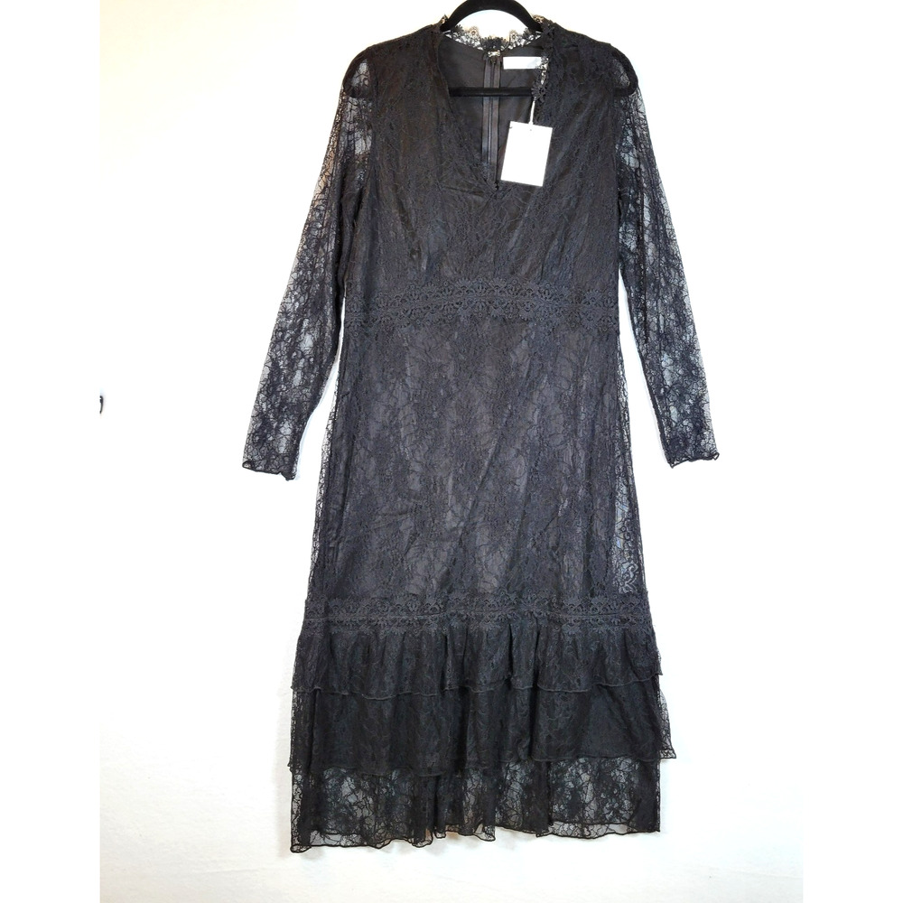 Rachel Parcell Womens Lace Tiered Lined Midi Dress Size 18 Black Party Cocktail